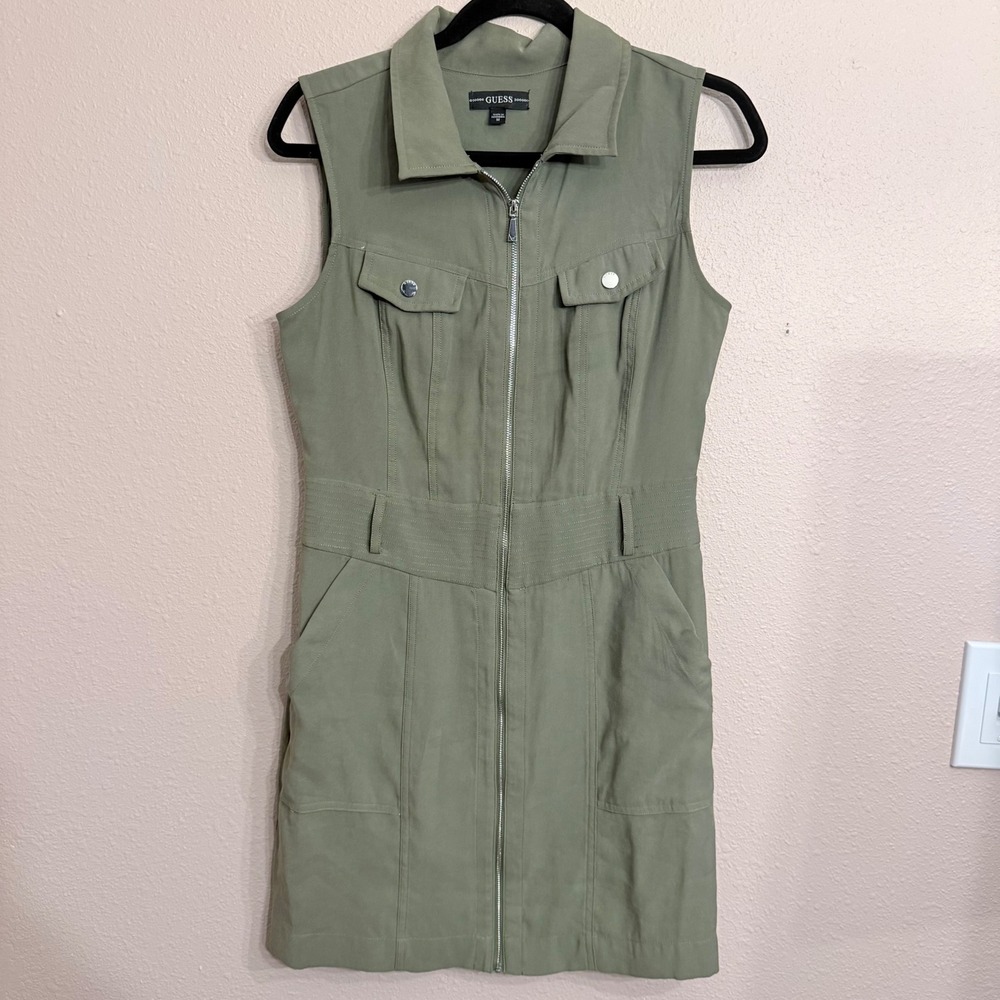 Guess Womens Olive Green Sleeveless Utility Zip Front Mini Dress W0GK38RCW70 M